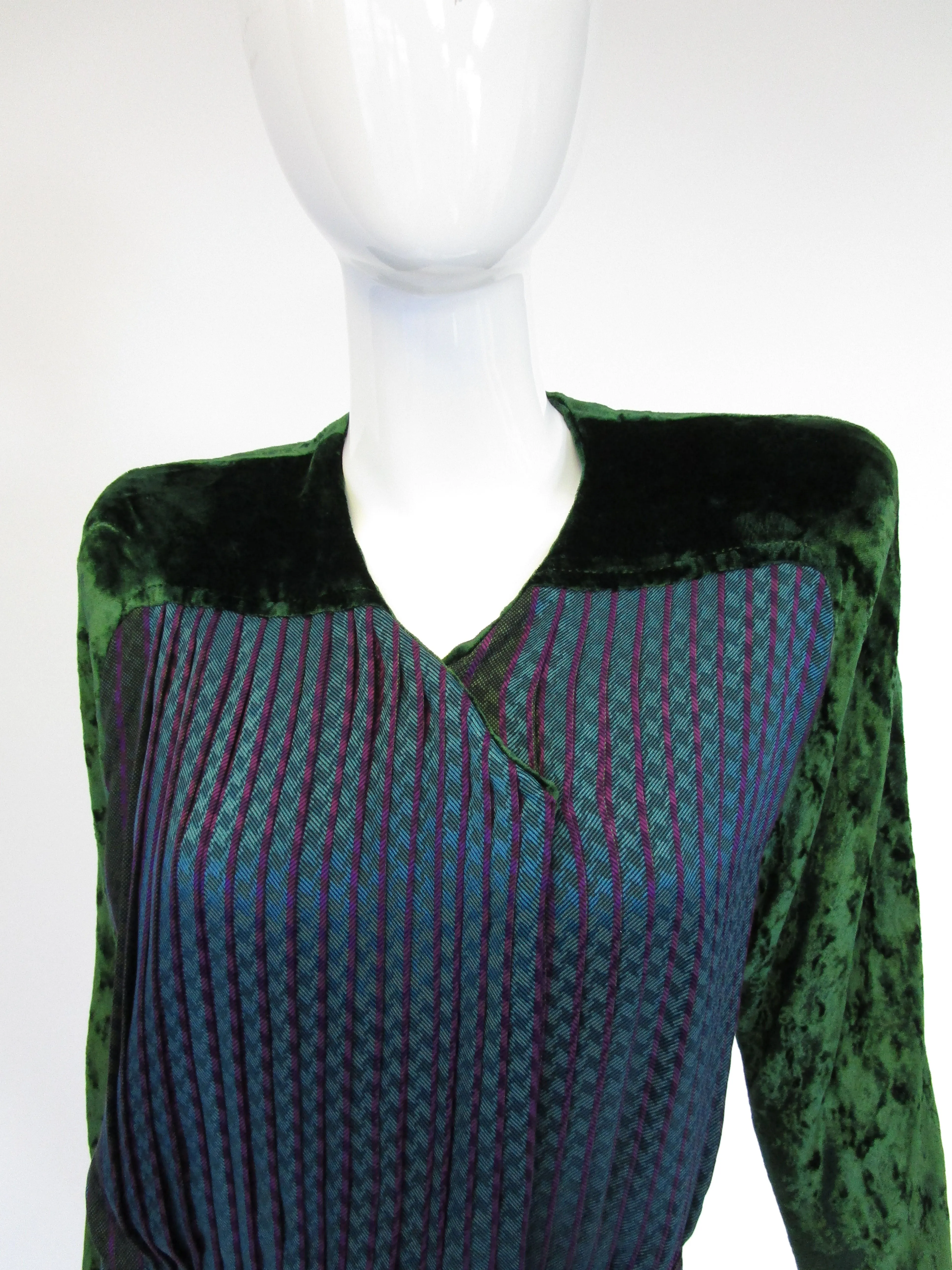 1980s  Green Velvet and Houndstoothe Silk Ensemble