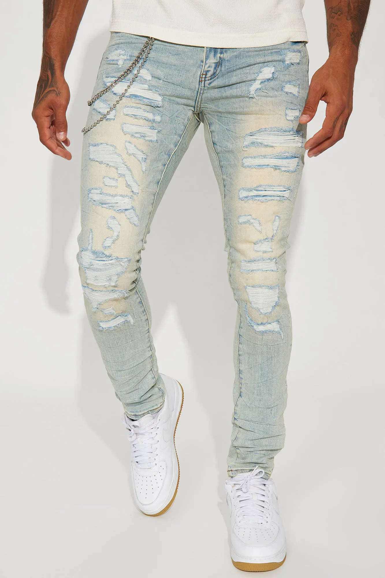 About It Bandana Chain Stacked Skinny Jeans - Light Wash