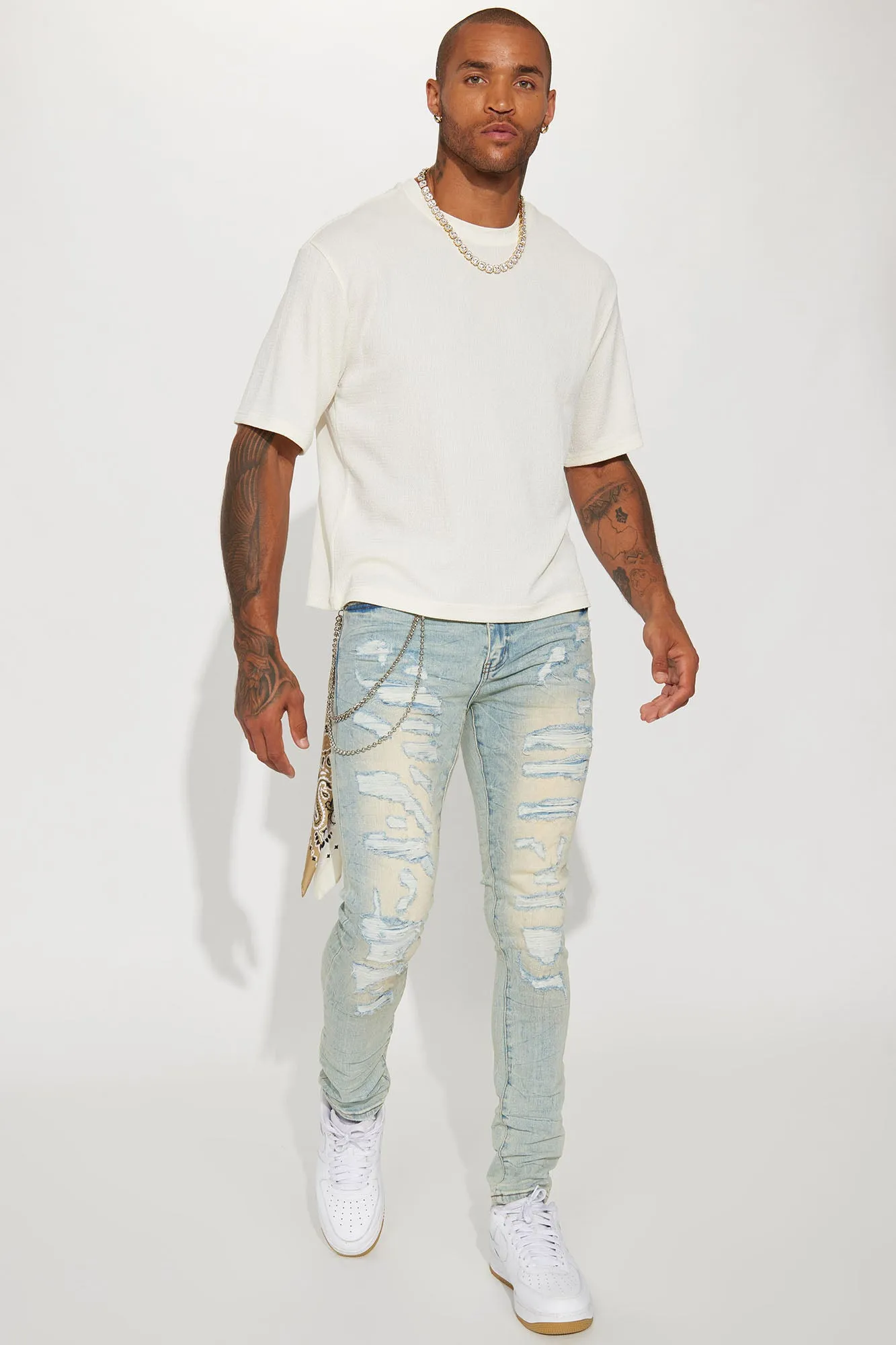 About It Bandana Chain Stacked Skinny Jeans - Light Wash