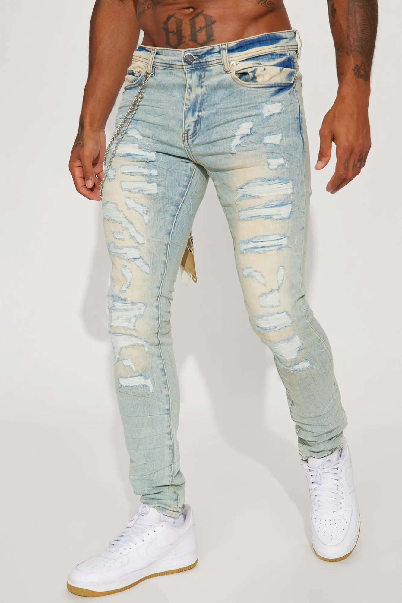 About It Bandana Chain Stacked Skinny Jeans - Light Wash