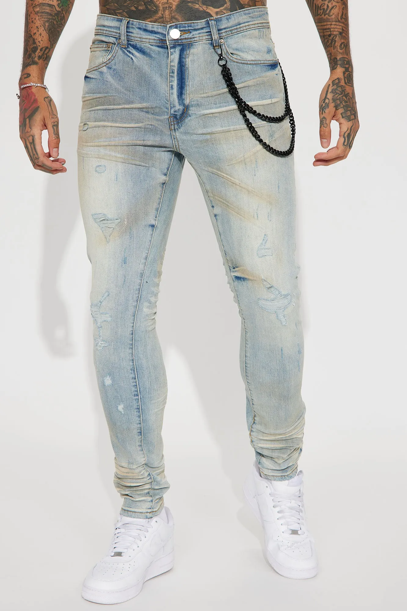 About My Chain Ripped Stacked Skinny Jeans - Vintage Blue Wash