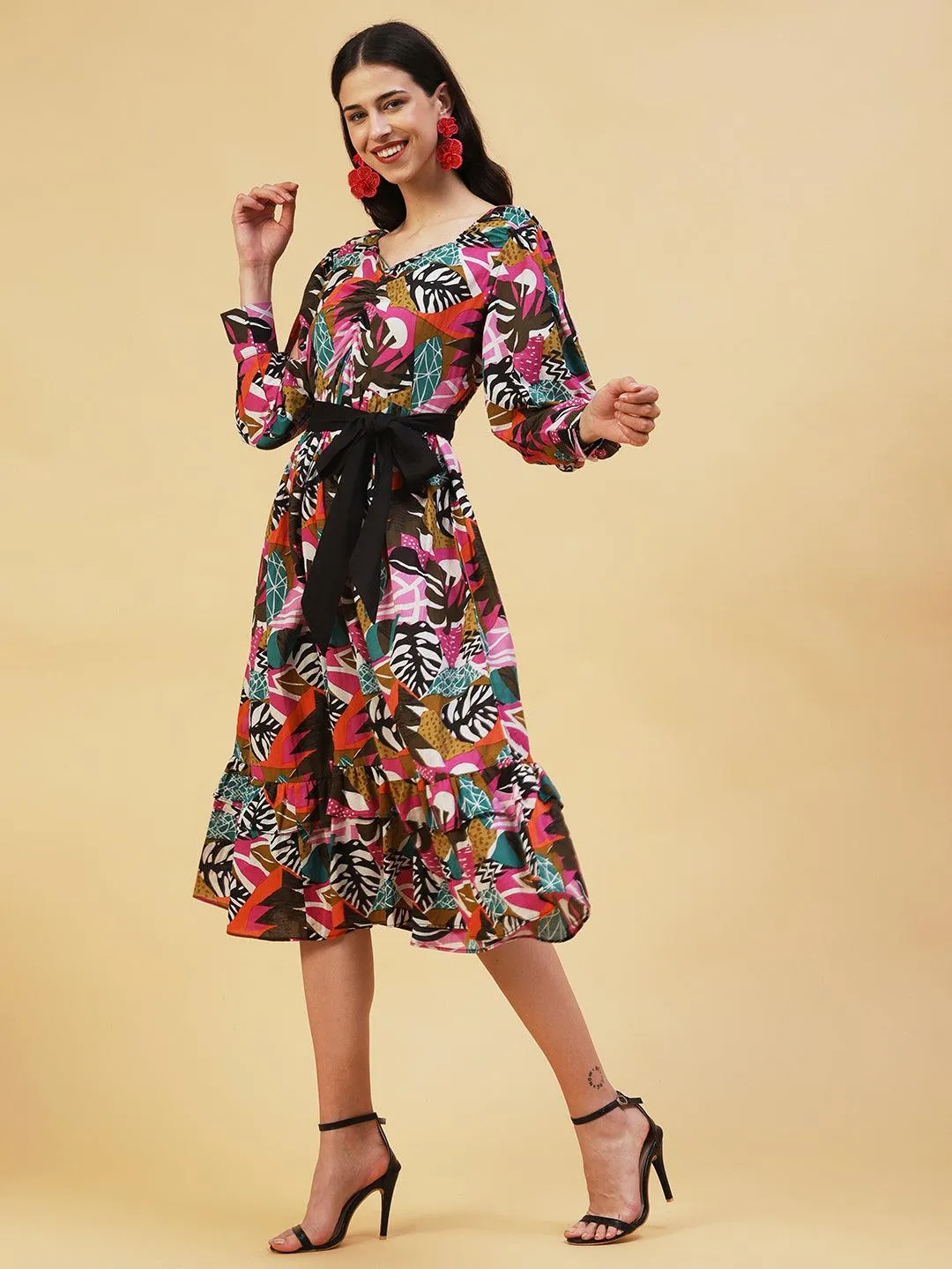 Abstract Tropical Printed Fit & Flare Midi Dress - Multi