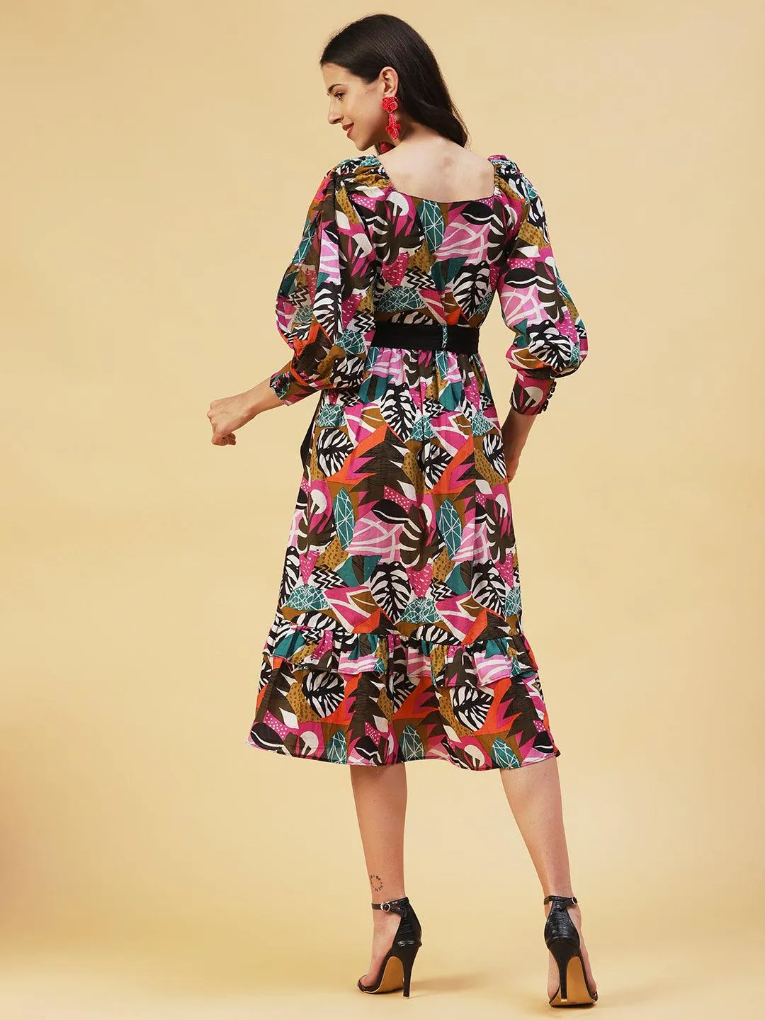 Abstract Tropical Printed Fit & Flare Midi Dress - Multi