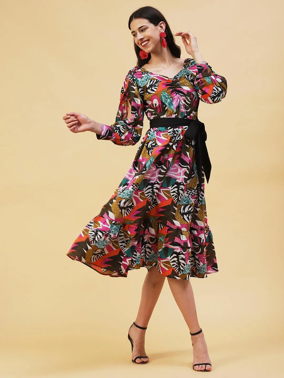 Abstract Tropical Printed Fit & Flare Midi Dress - Multi