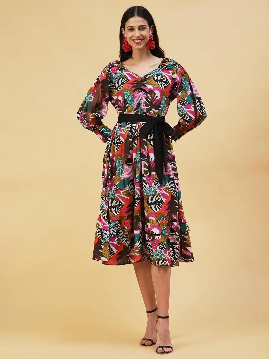 Abstract Tropical Printed Fit & Flare Midi Dress - Multi