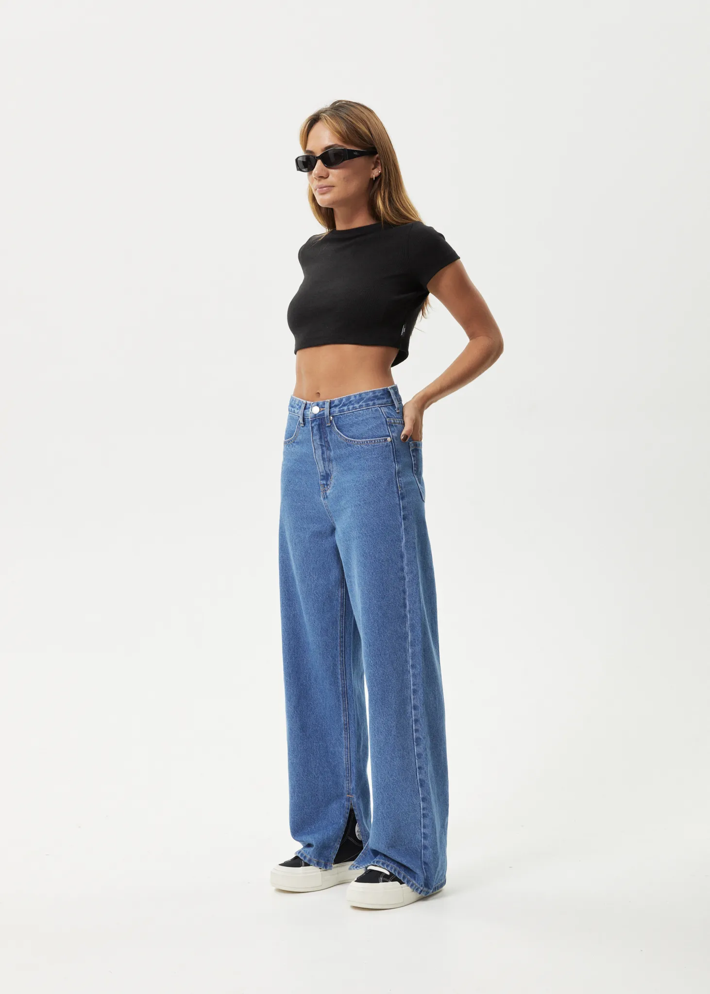 AFENDS Womens Bella - Denim Wide Leg Baggy Jean - Worn Blue