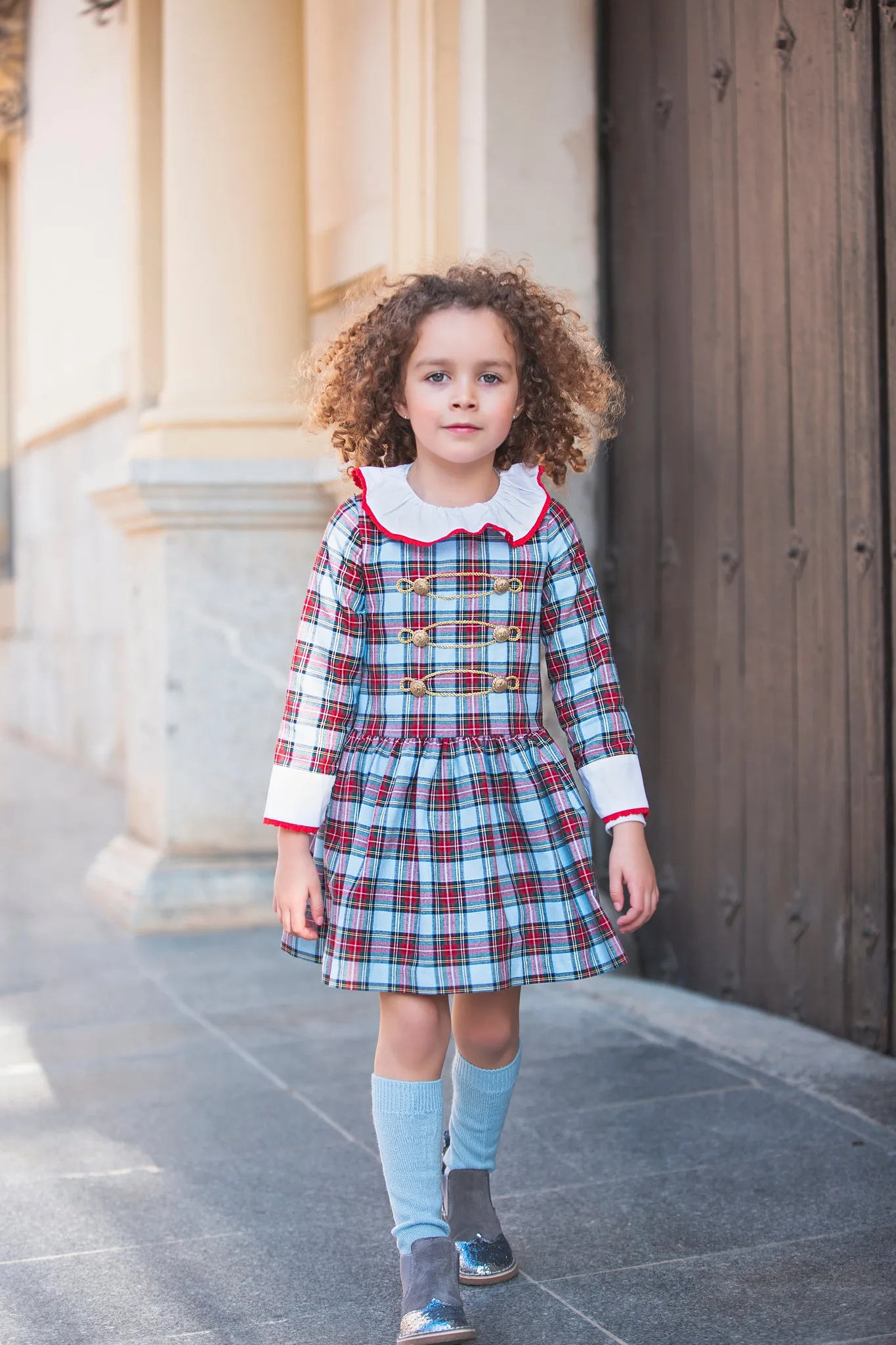 AW23 Rochy Girls Red & Blue Tartan Gold Button Dress