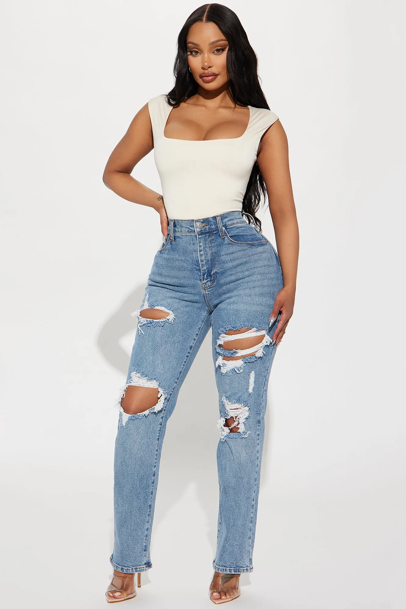 Because I Said So Destroyed Mom Jeans - Medium Blue Wash