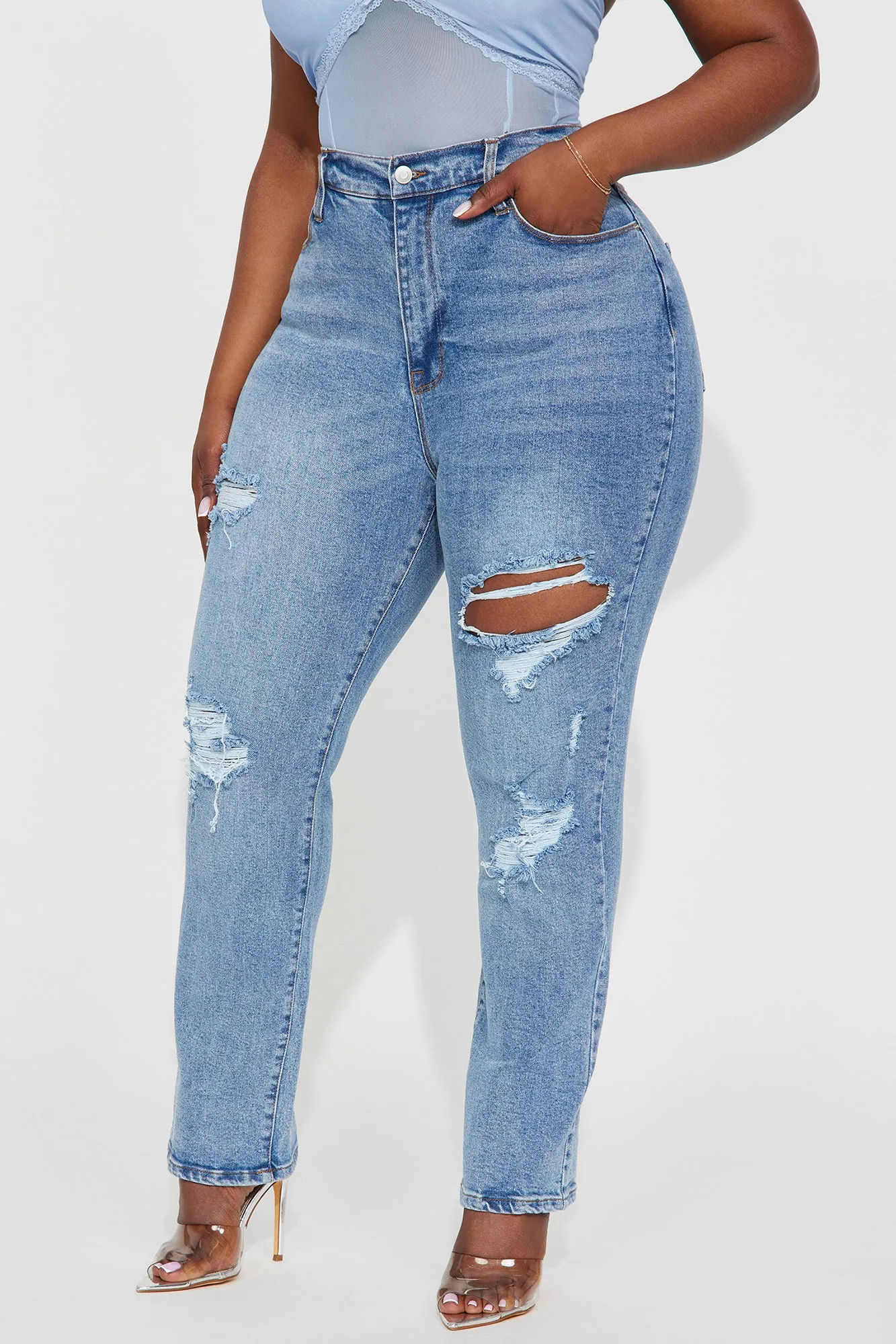 Because I Said So Destroyed Mom Jeans - Medium Blue Wash