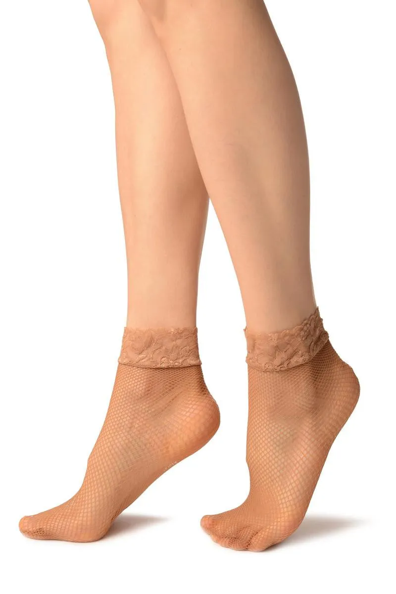 Beige Fishnet Comfort Top Ankle High Socks