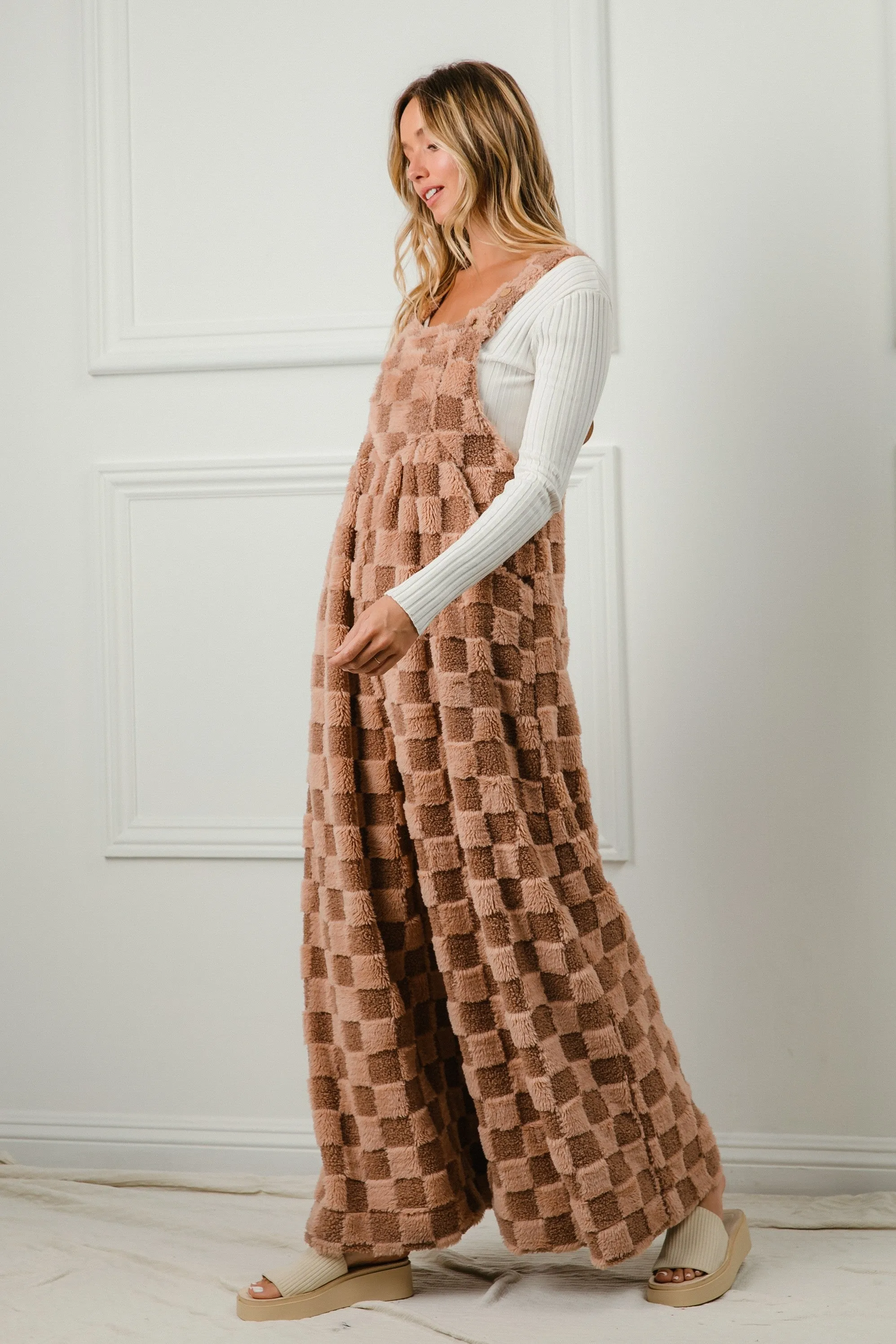 BiBi Checker Print Sherpa Wide Leg Overalls in Mocha/Latte