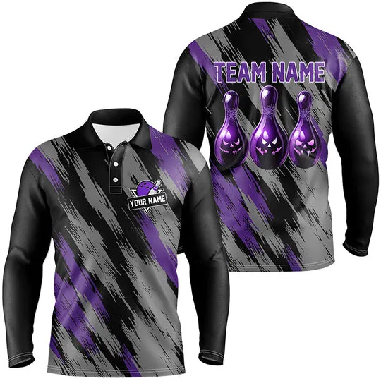 Black And Purple Camo Halloween Men Bowling Polo, Quarter Zip Shirt Custom Bowling Team Jerseys