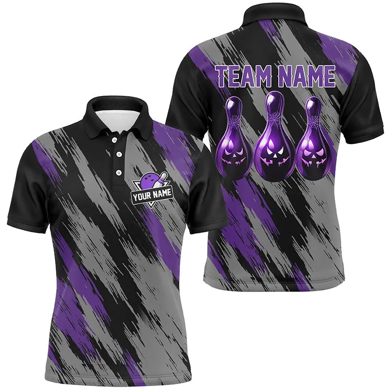 Black And Purple Camo Halloween Men Bowling Polo, Quarter Zip Shirt Custom Bowling Team Jerseys