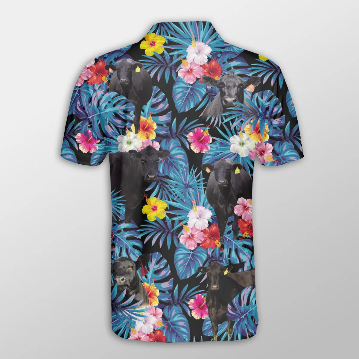 Black Angus Tropical Flowers Leaves Pattern Button Polo Shirt, Cow Polo Shirt, Gift for Farmers