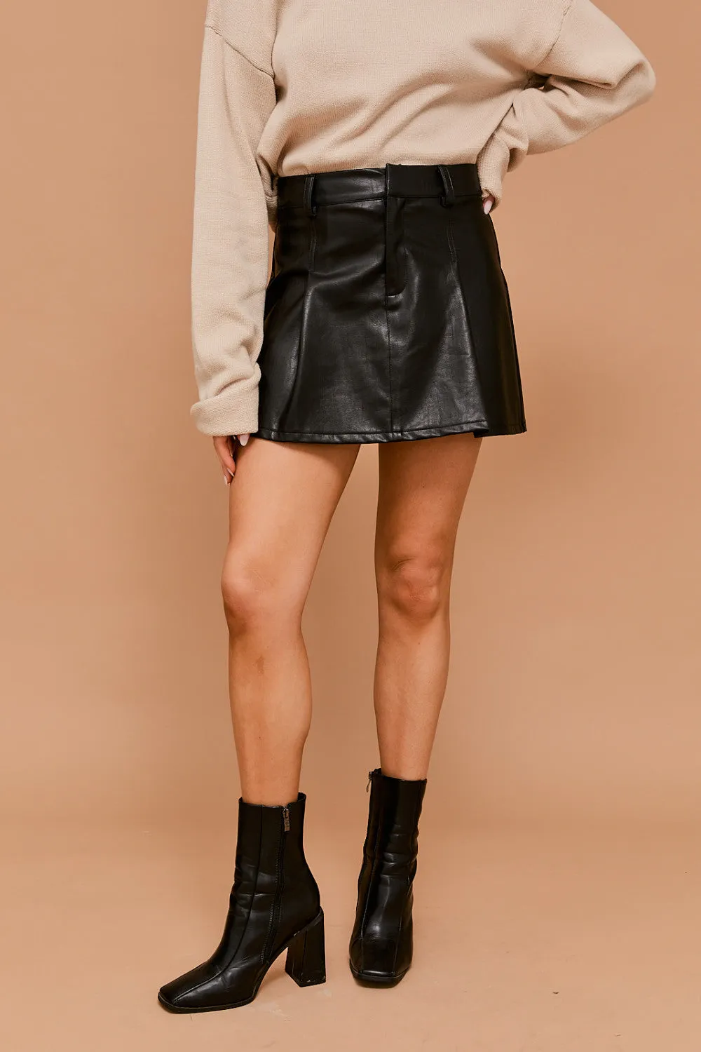 Black Faux Leather Pleated Skirt