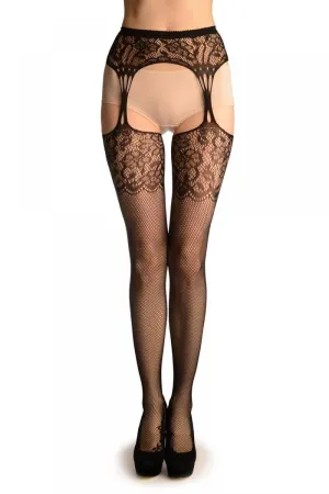 Black Fishnet With Attached Suspender Lace Belt