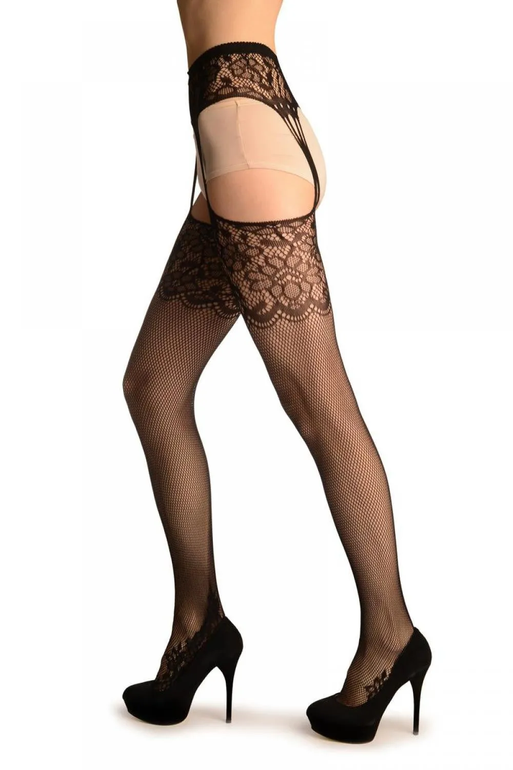 Black Fishnet With Attached Suspender Lace Belt