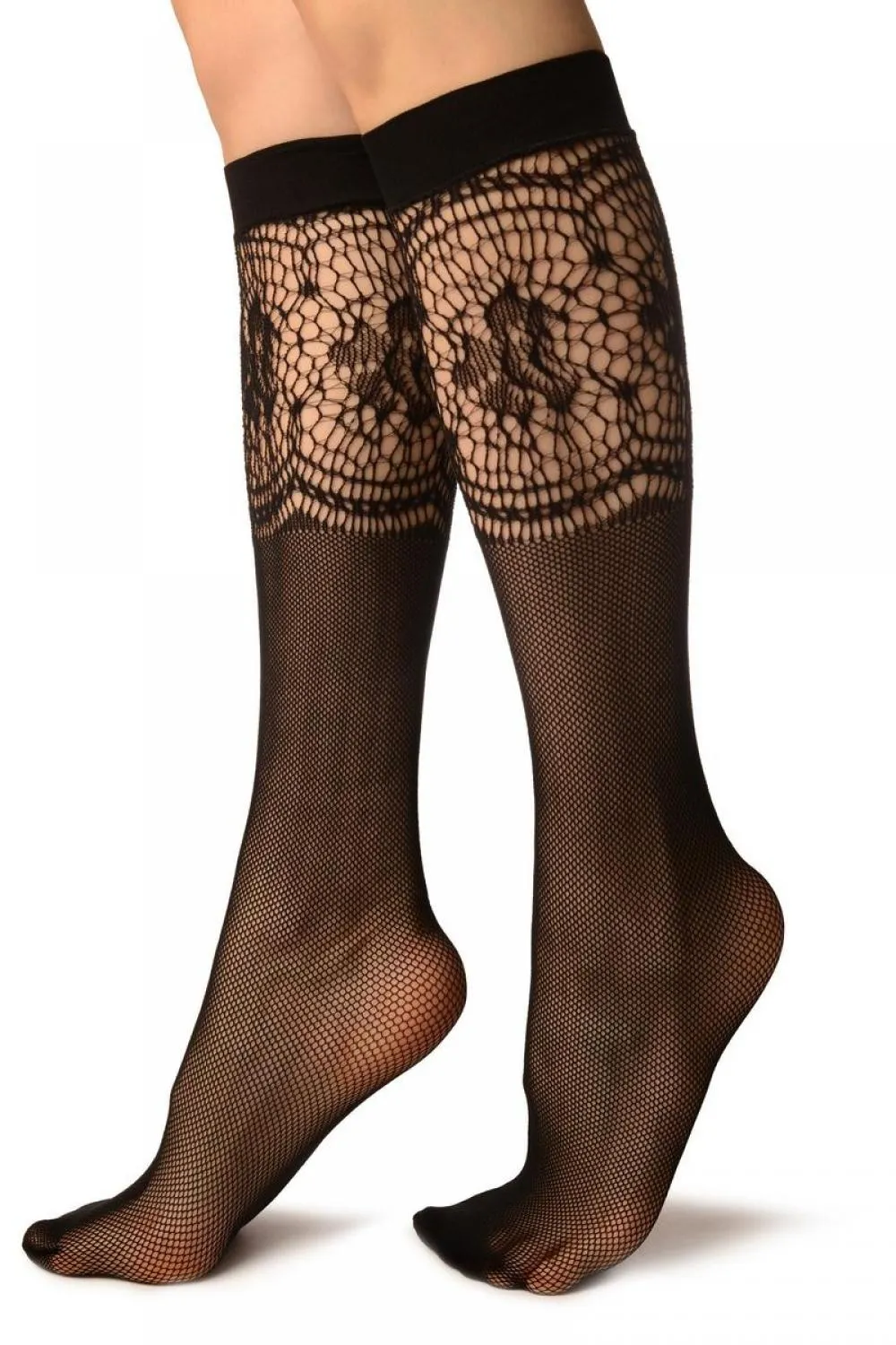 Black Fishnet With Crochet Socks Knee High