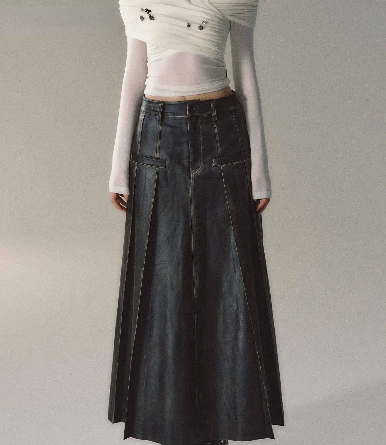 Black Pleated Leather Maxi Skirt