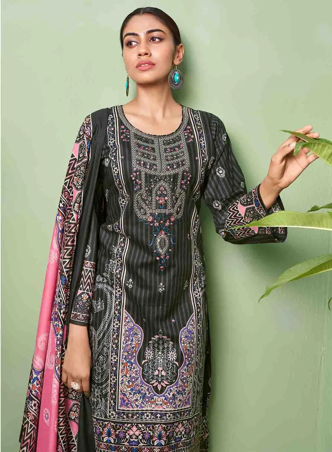 Black Pure Cotton Cambric Pakistani Print Unstitched Suit Material