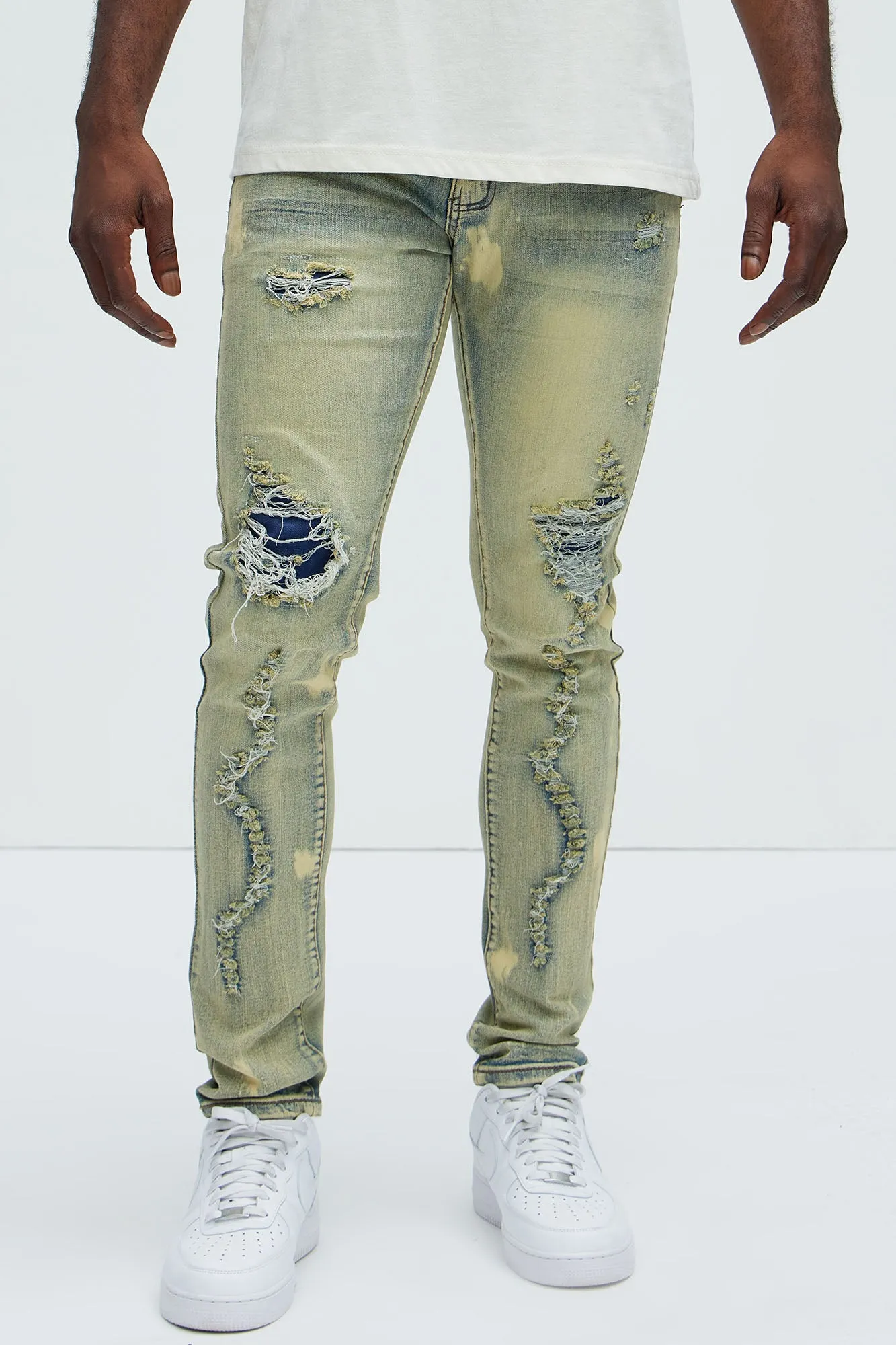 Bleach It With Fray Ripped Stacked Skinny Jeans - Vintage Blue Wash