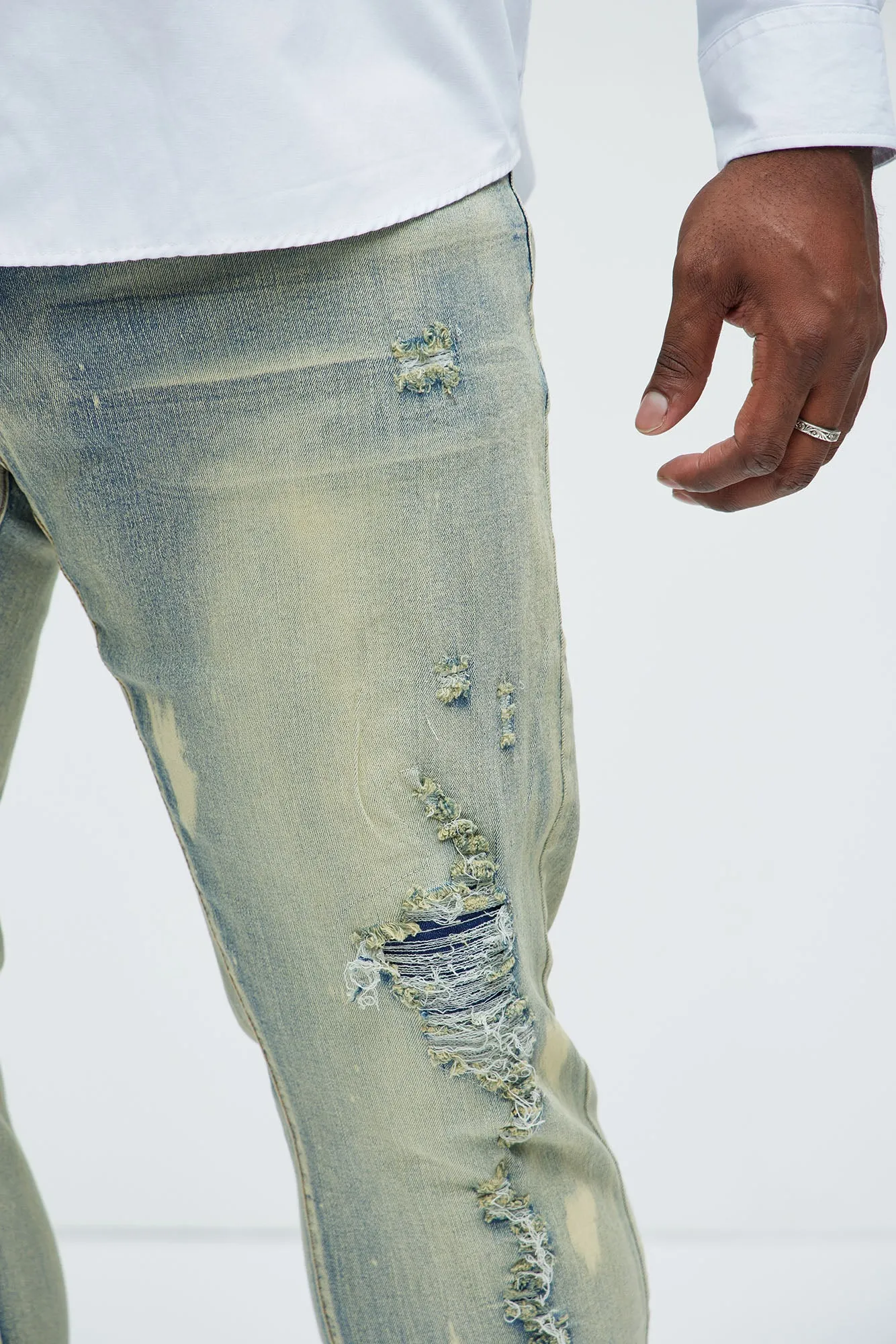 Bleach It With Fray Ripped Stacked Skinny Jeans - Vintage Blue Wash