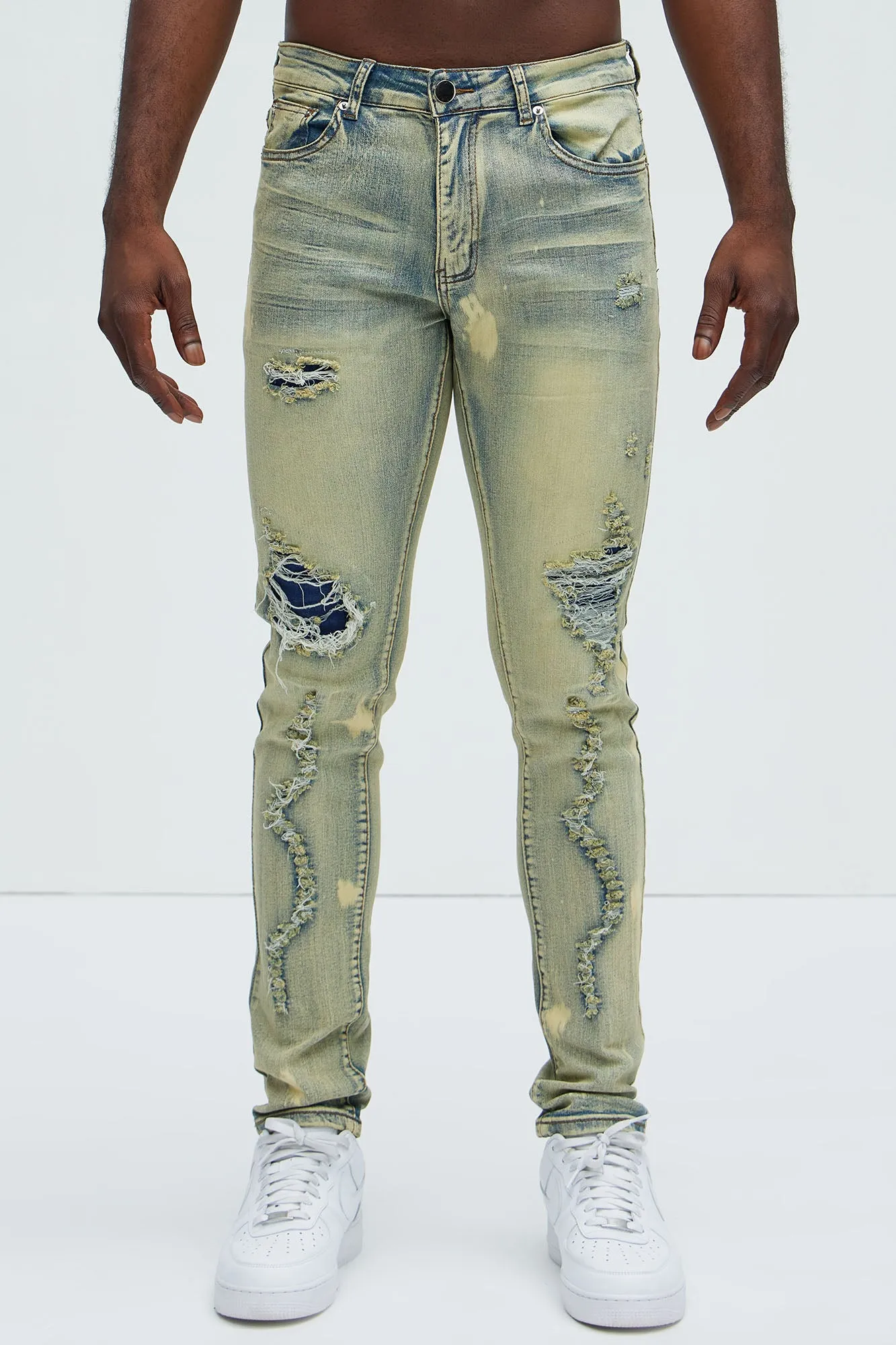 Bleach It With Fray Ripped Stacked Skinny Jeans - Vintage Blue Wash