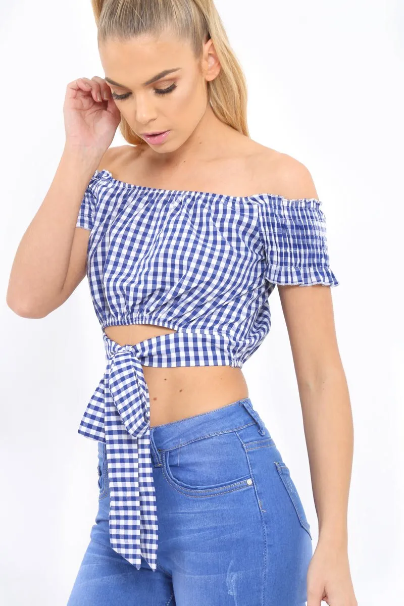 Blue Gingham Bardot Wrap Around Crop Top - Rozanne