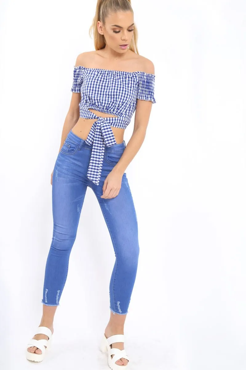 Blue Gingham Bardot Wrap Around Crop Top - Rozanne