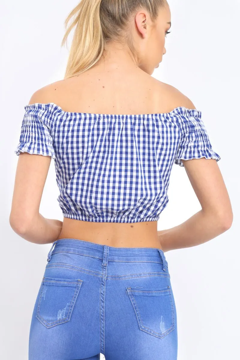 Blue Gingham Bardot Wrap Around Crop Top - Rozanne