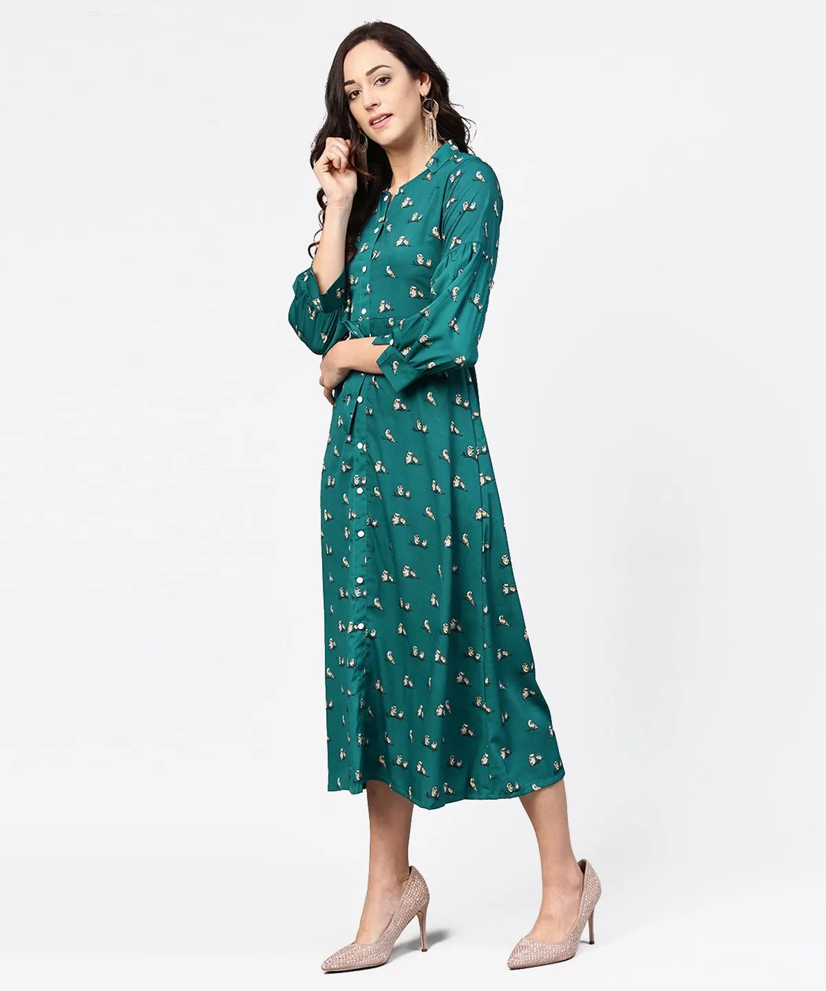 Blue Printed Full Sleeve Maxi Dress With Belt