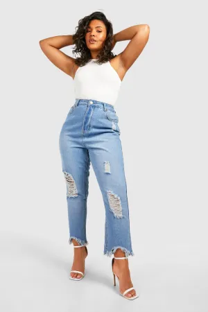 Boohoo Ripped Rise High Waist Mom Jeans, Blue