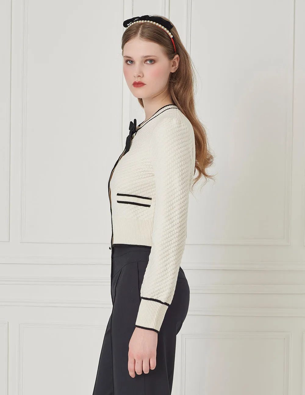 BORA AKSU Bow Round Neck Black Striped Knitted Cropped Cardigan