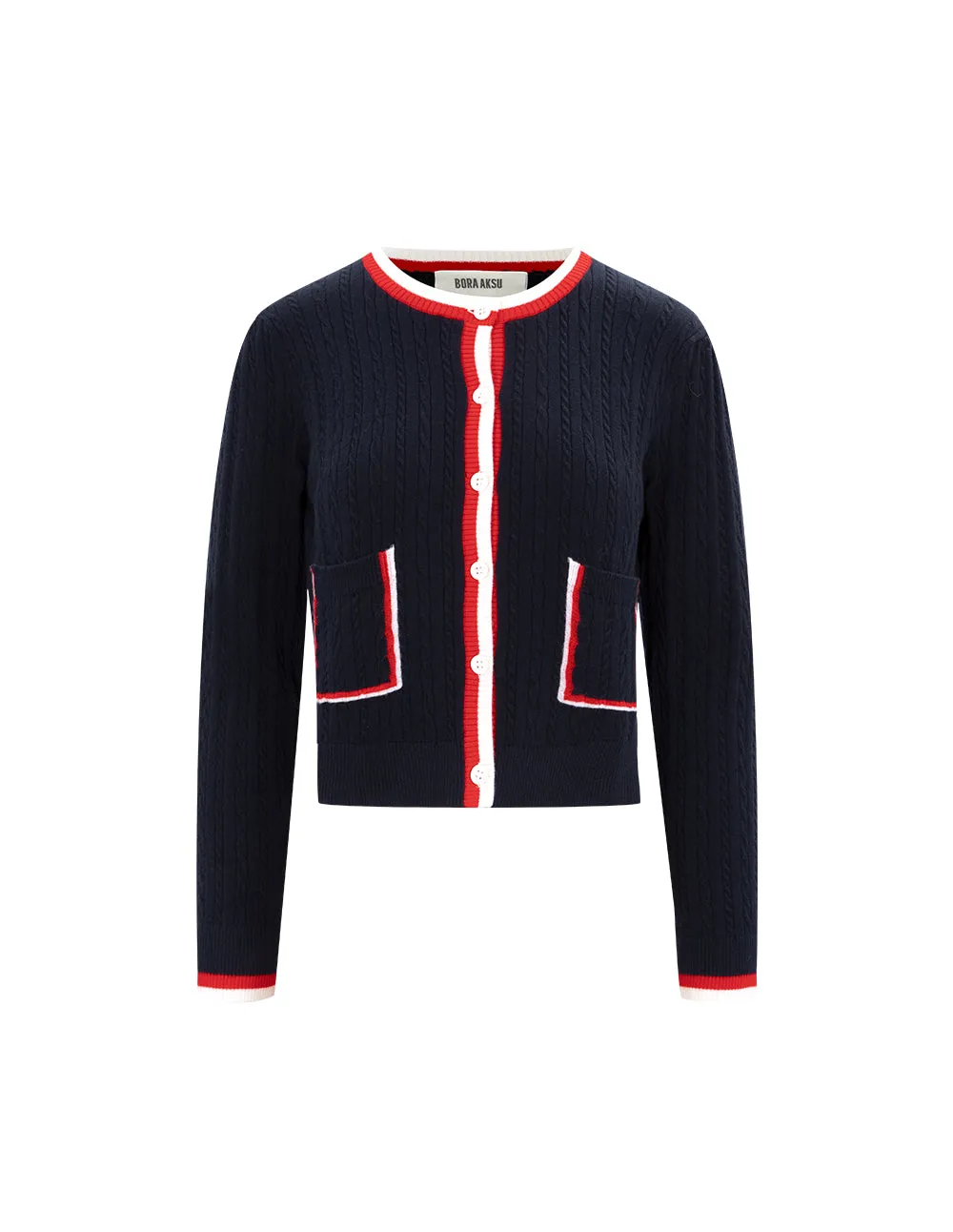 BORA AKSU Red And White Colour-Block Wool And Cotton Crew Neck Knitted Cardigan