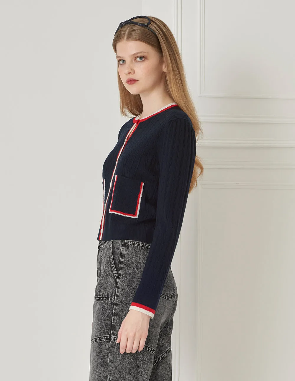 BORA AKSU Red And White Colour-Block Wool And Cotton Crew Neck Knitted Cardigan