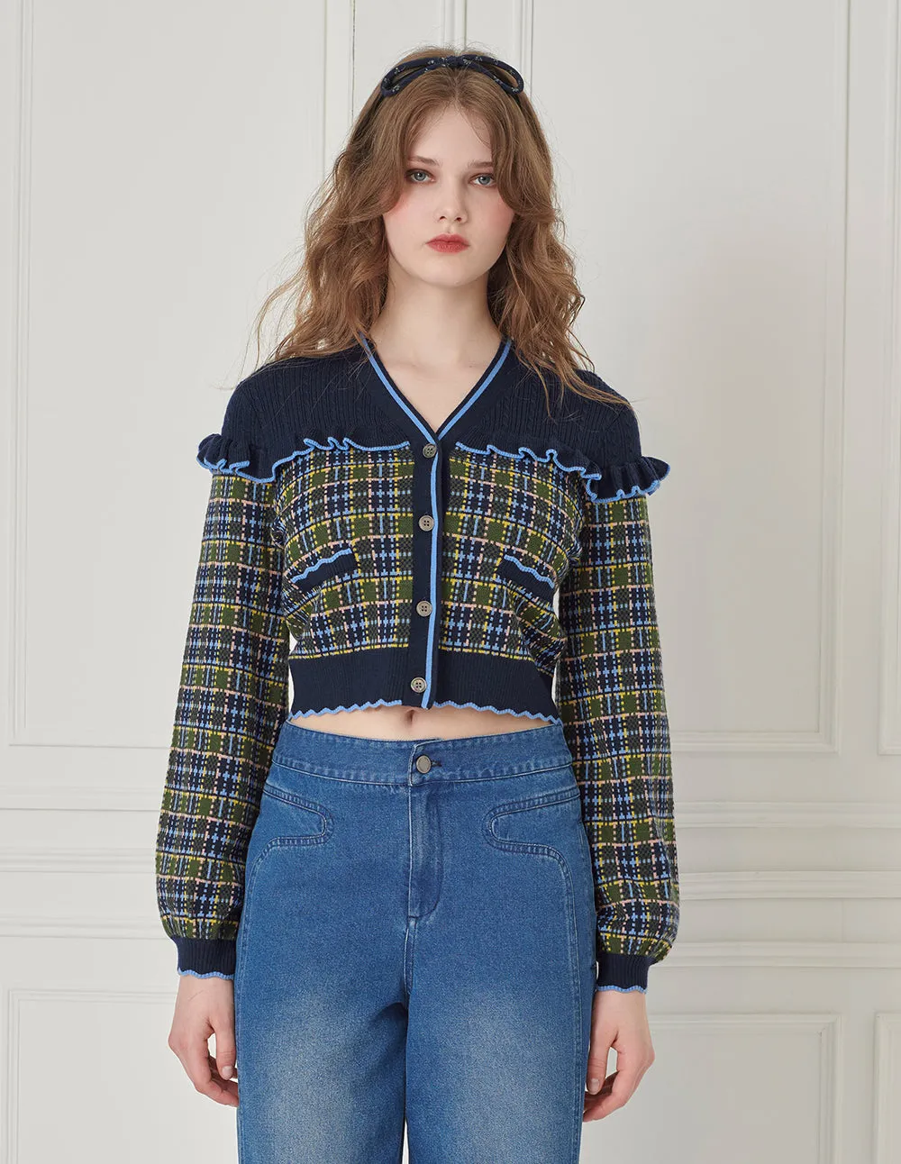 BORA AKSU V-Neck Colorblock Plaid Ruffled Wool Knitted Cropped Cardigan