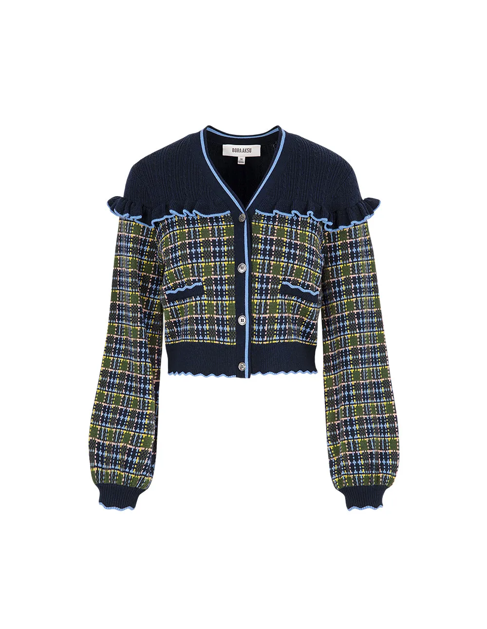 BORA AKSU V-Neck Colorblock Plaid Ruffled Wool Knitted Cropped Cardigan