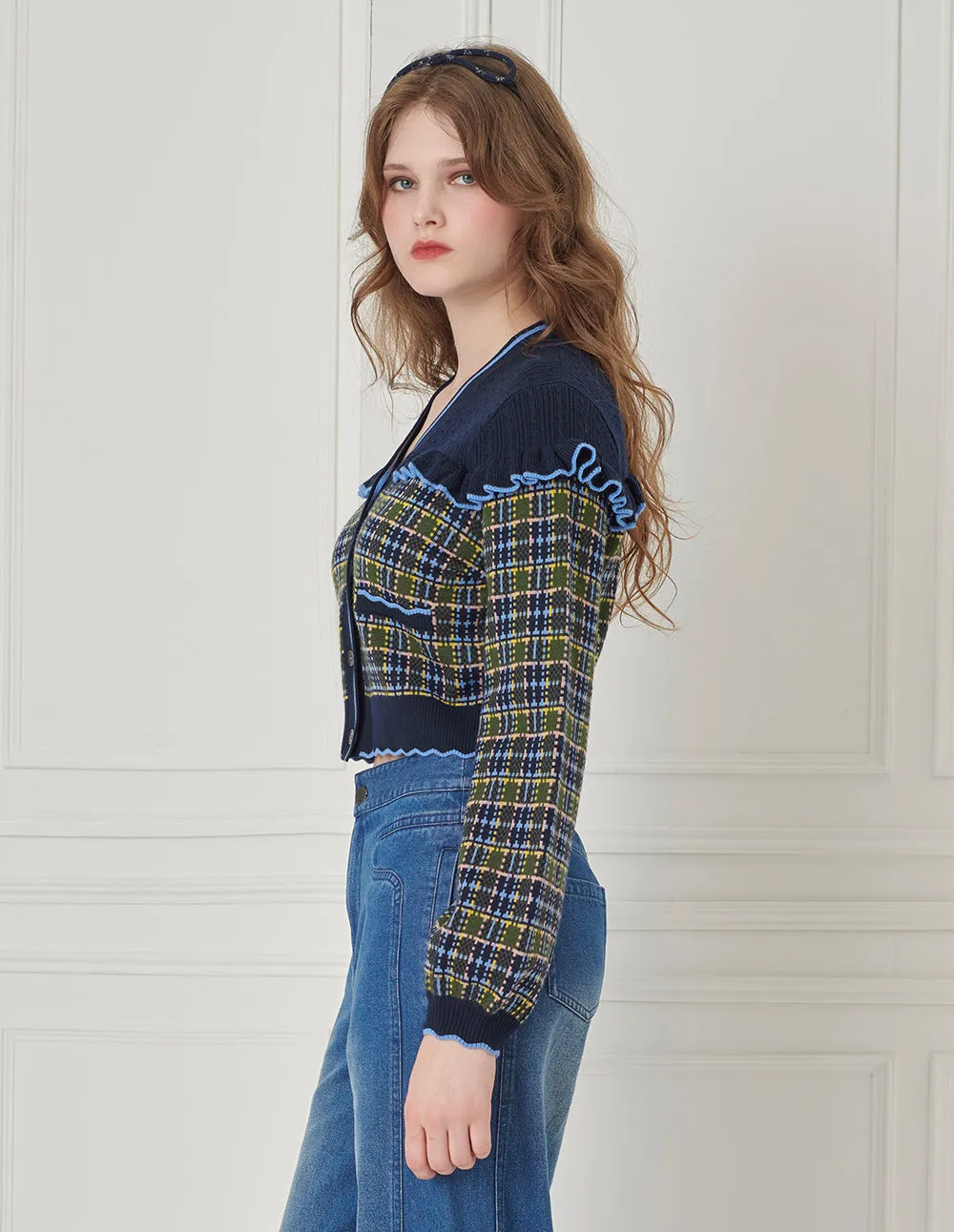 BORA AKSU V-Neck Colorblock Plaid Ruffled Wool Knitted Cropped Cardigan