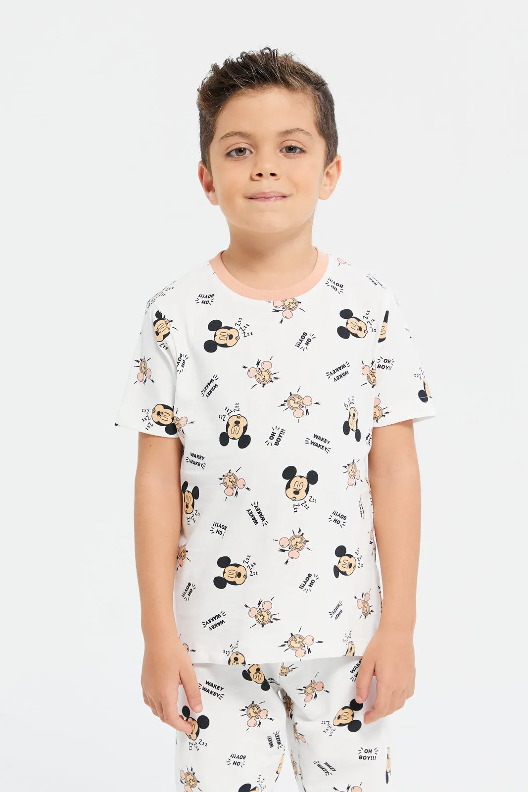 Boys Beige Mickey Mouse Printed Pyjama Set (2 Piece)