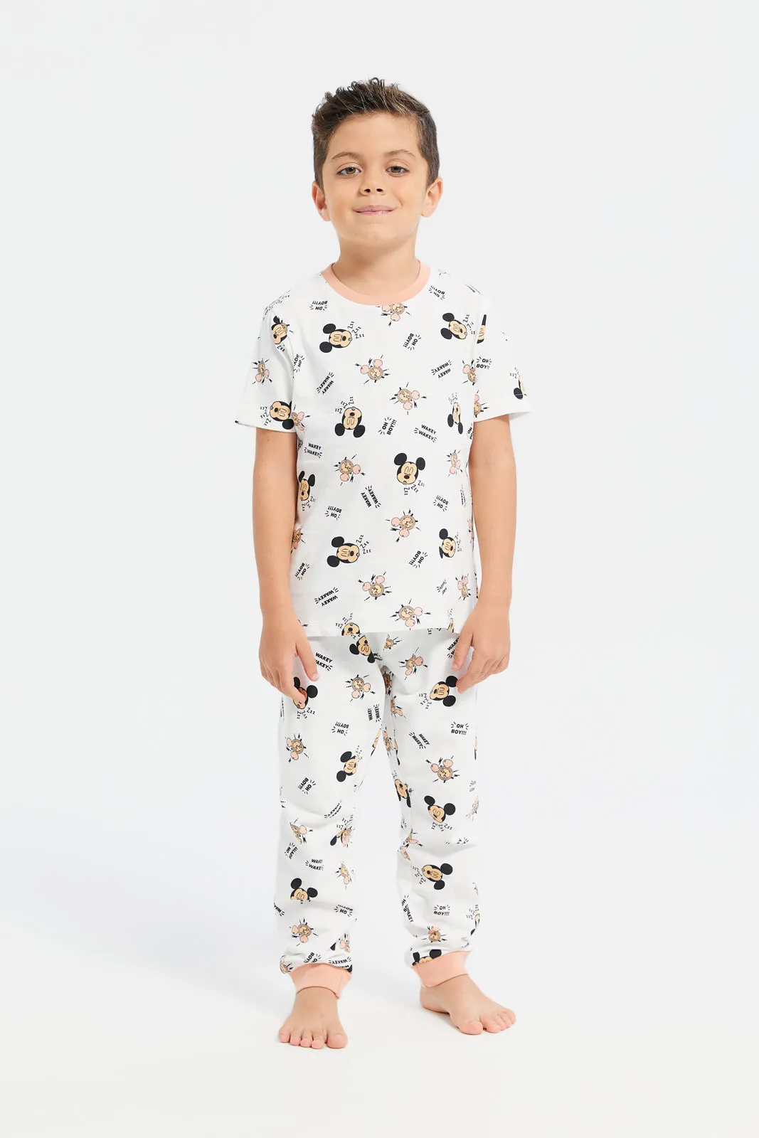 Boys Beige Mickey Mouse Printed Pyjama Set (2 Piece)