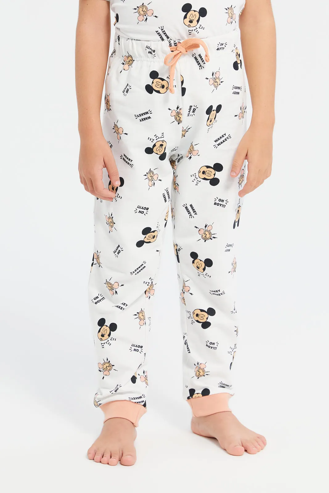 Boys Beige Mickey Mouse Printed Pyjama Set (2 Piece)