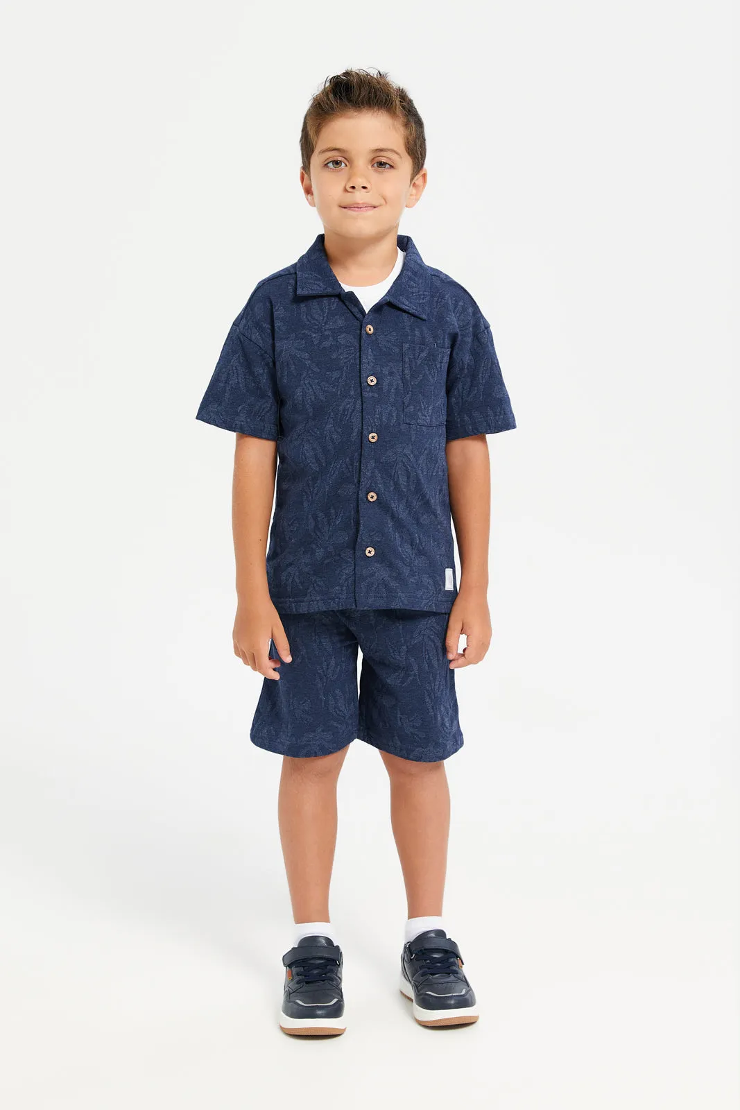 Boys Navy And White Printed Casual Set (3 Piece)