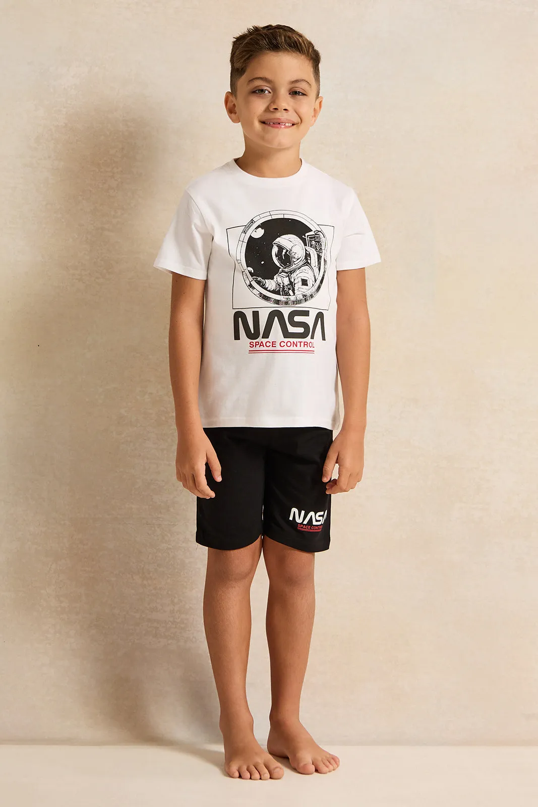 Boys White And Black Nasa Printed Pyjama Set (2 Piece)