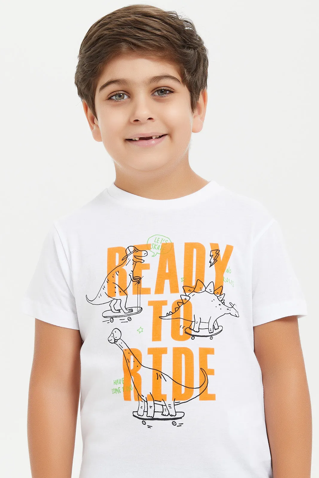 Boys White Printed Shirt And T-Shirt Set (2 Piece)