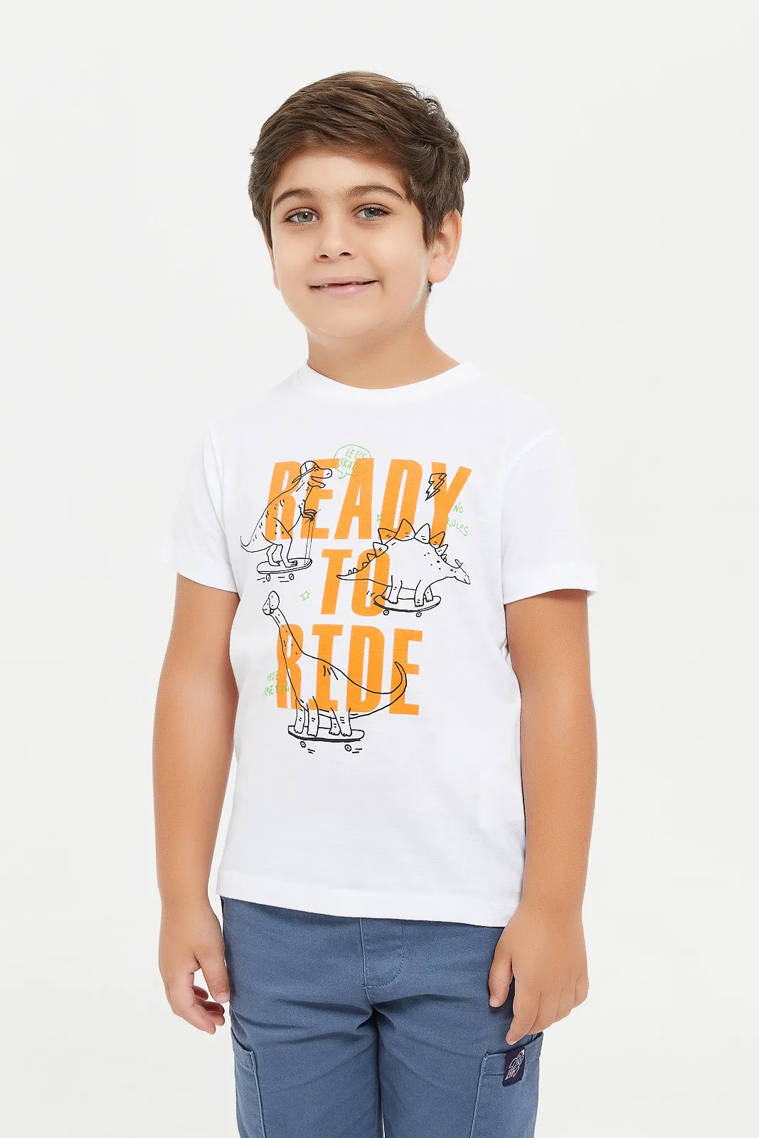 Boys White Printed Shirt And T-Shirt Set (2 Piece)