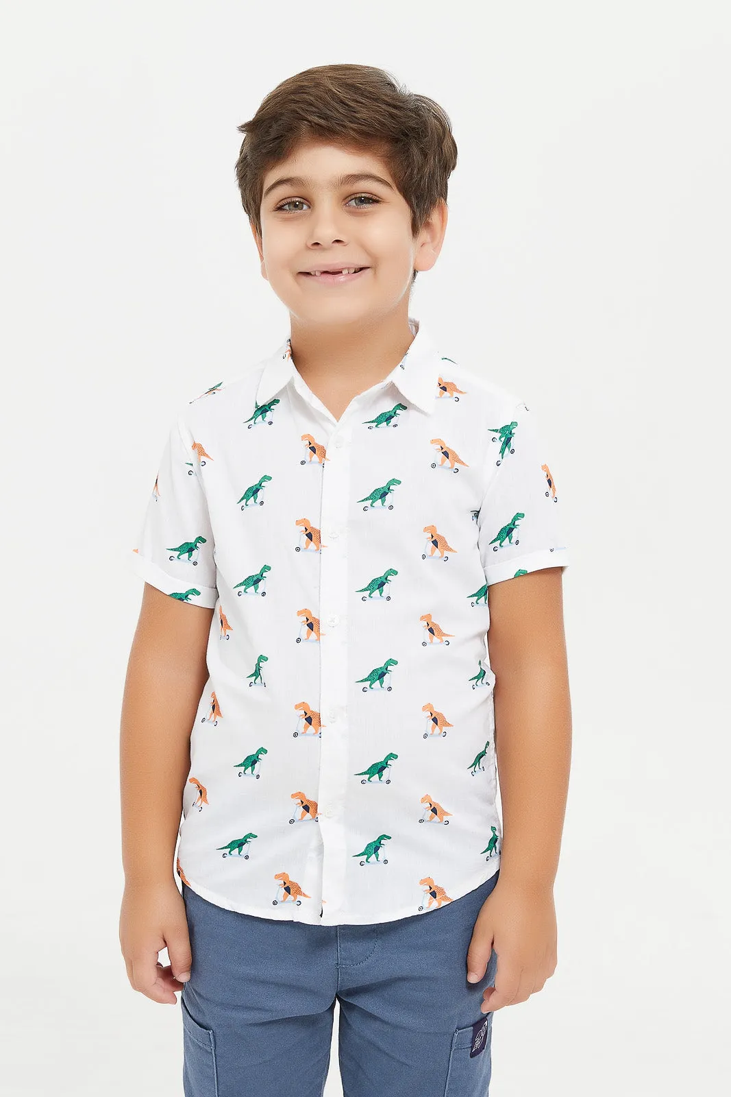 Boys White Printed Shirt And T-Shirt Set (2 Piece)