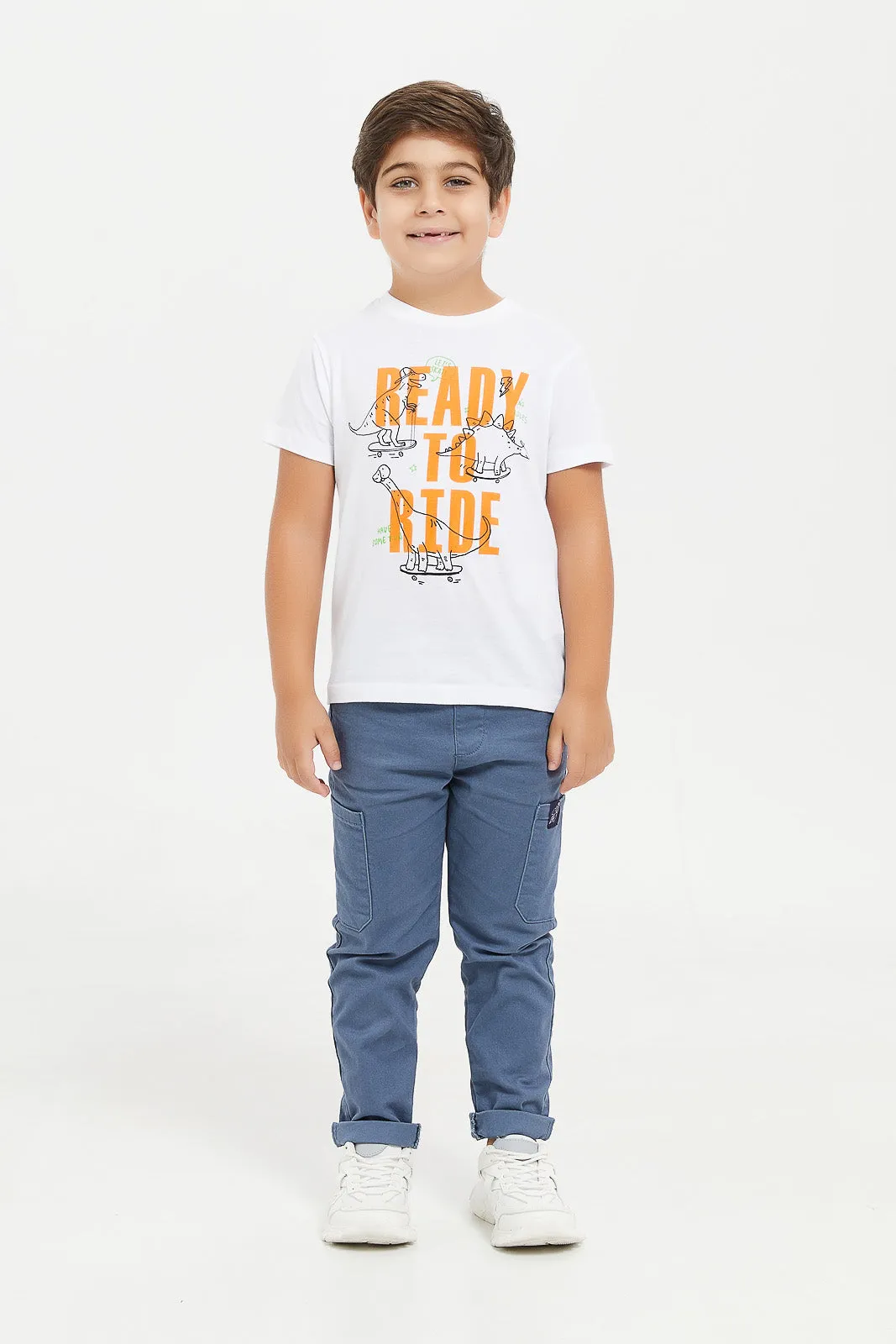 Boys White Printed Shirt And T-Shirt Set (2 Piece)