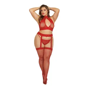 Bralette, Garterhose, and G-String - Queen Size - Rouge