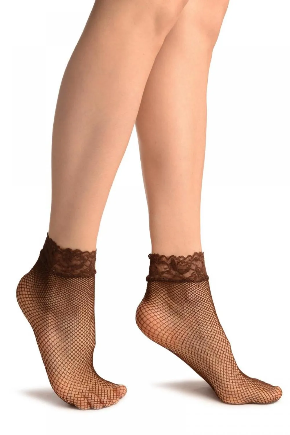 Brown Fishnet Comfort Top Ankle High Socks