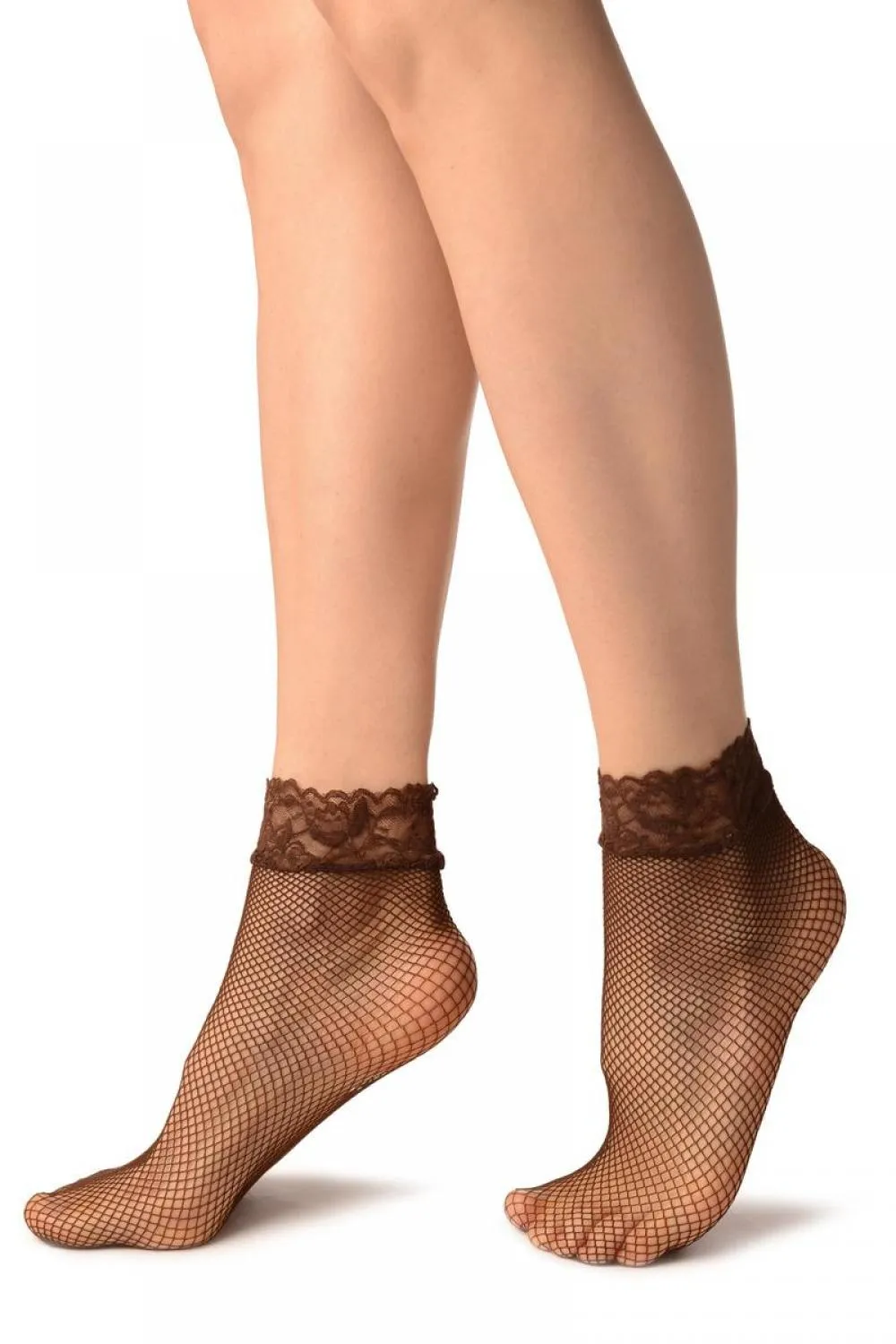 Brown Fishnet Comfort Top Ankle High Socks